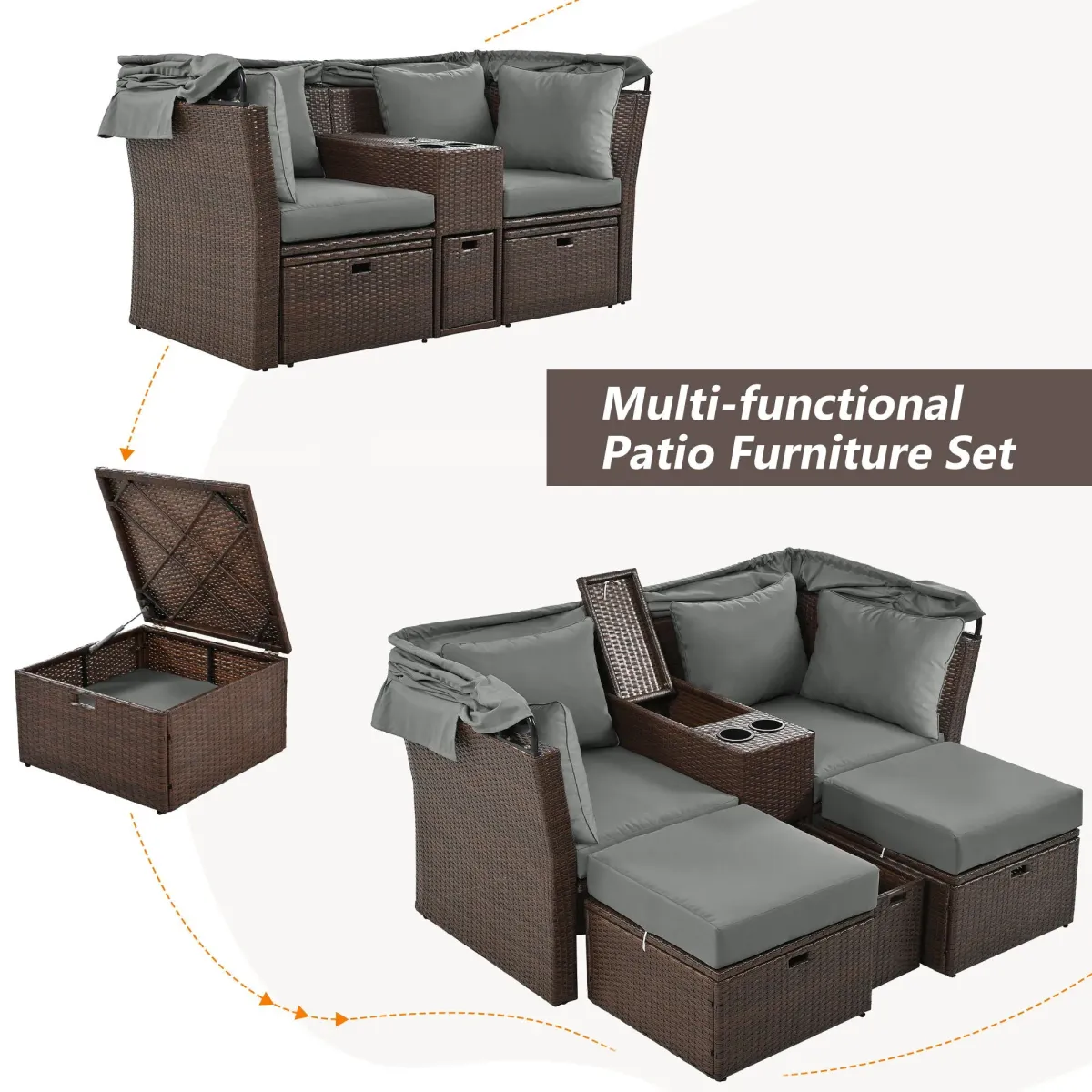 2 Seater Outdoor Patio Daybed Outdoor Double Daybed Outdoor Loveseat Sofa Set With Foldable Awning And Cushions For Garden, Balcony, Poolside