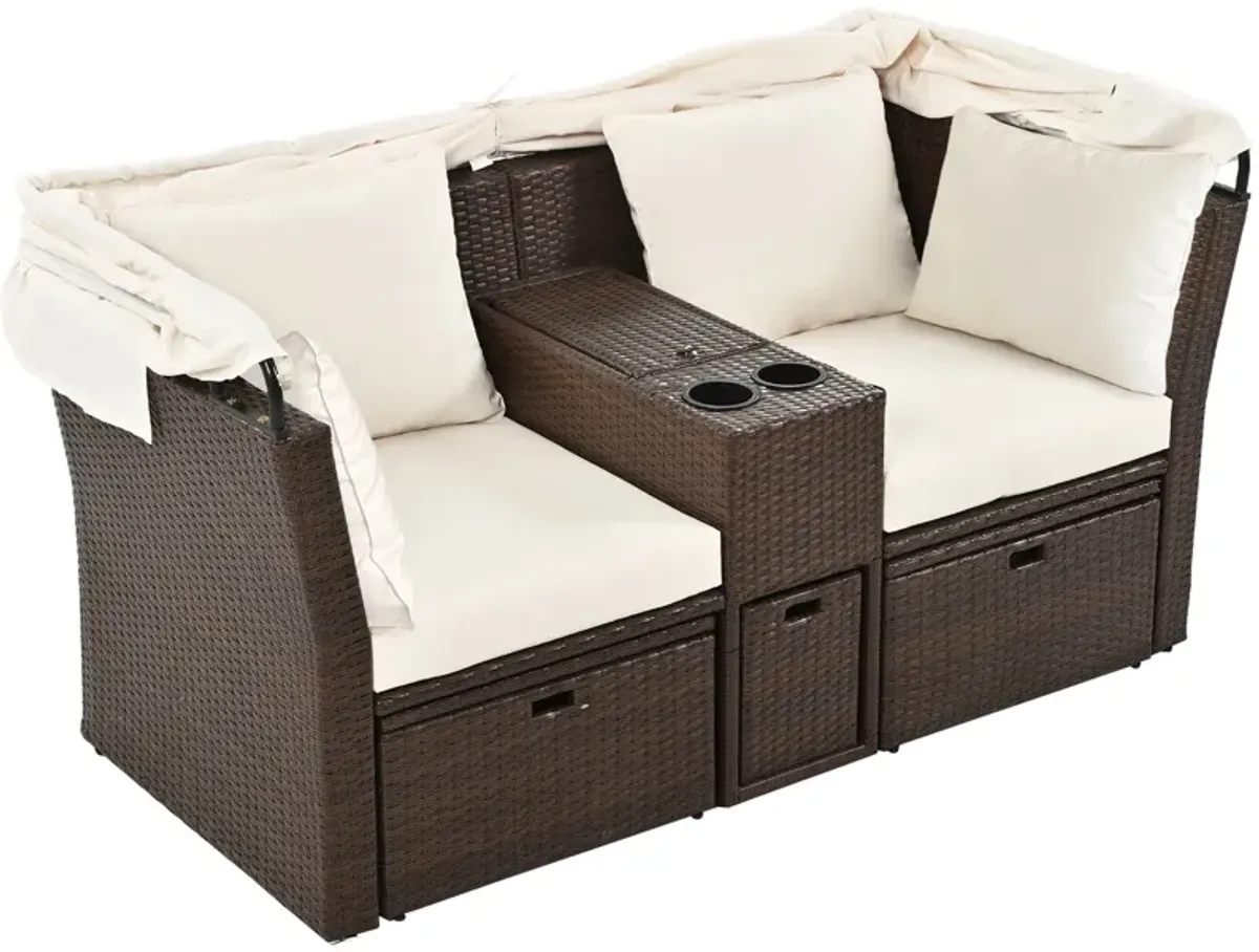 2 Seater Outdoor Patio Daybed Outdoor Double Daybed Outdoor Loveseat Sofa Set With Foldable Awning And Cushions For Garden, Balcony, Poolside