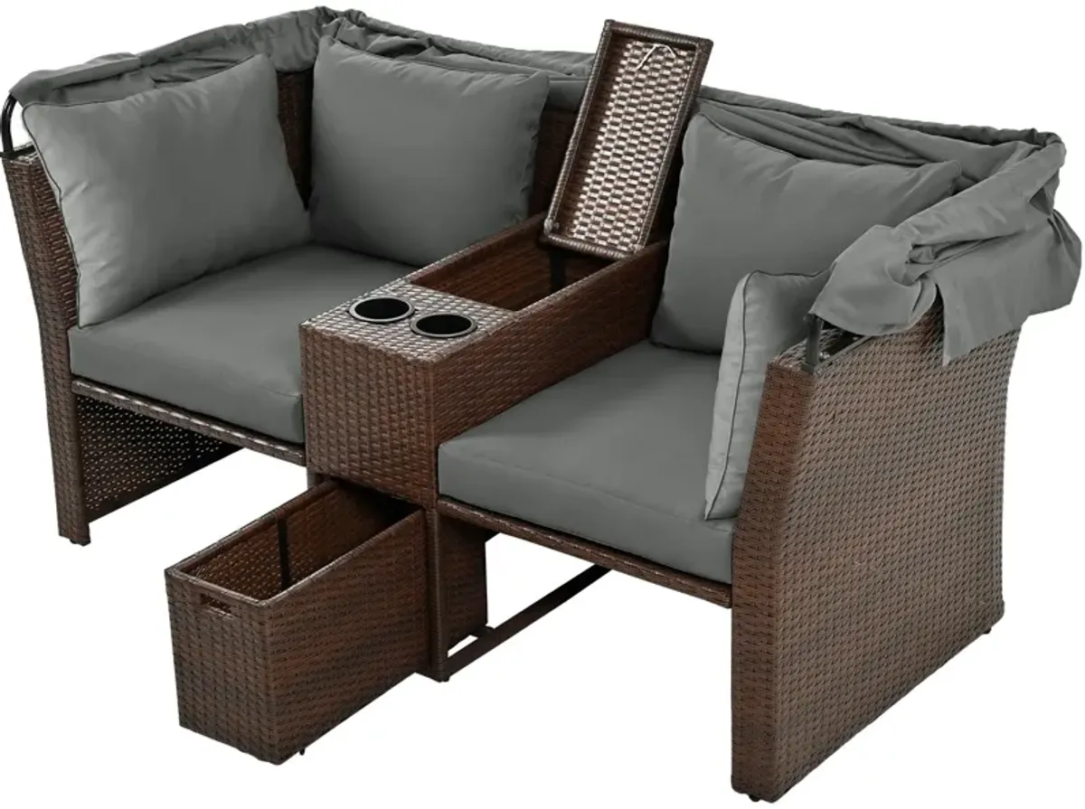 2 Seater Outdoor Patio Daybed Outdoor Double Daybed Outdoor Loveseat Sofa Set With Foldable Awning And Cushions For Garden, Balcony, Poolside