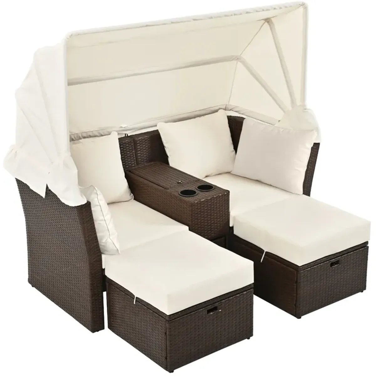 2 Seater Outdoor Patio Daybed Outdoor Double Daybed Outdoor Loveseat Sofa Set With Foldable Awning And Cushions For Garden, Balcony, Poolside