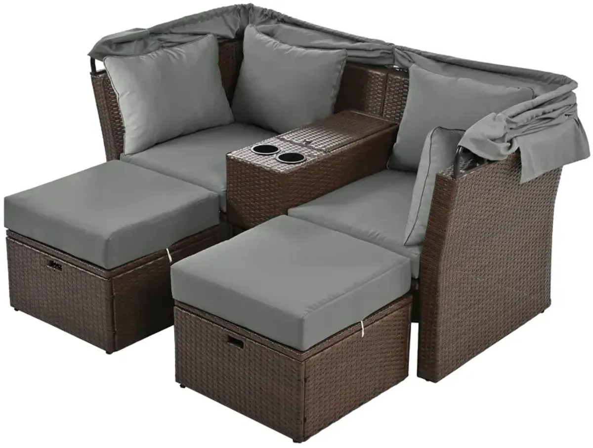 2 Seater Outdoor Patio Daybed Outdoor Double Daybed Outdoor Loveseat Sofa Set With Foldable Awning And Cushions For Garden, Balcony, Poolside