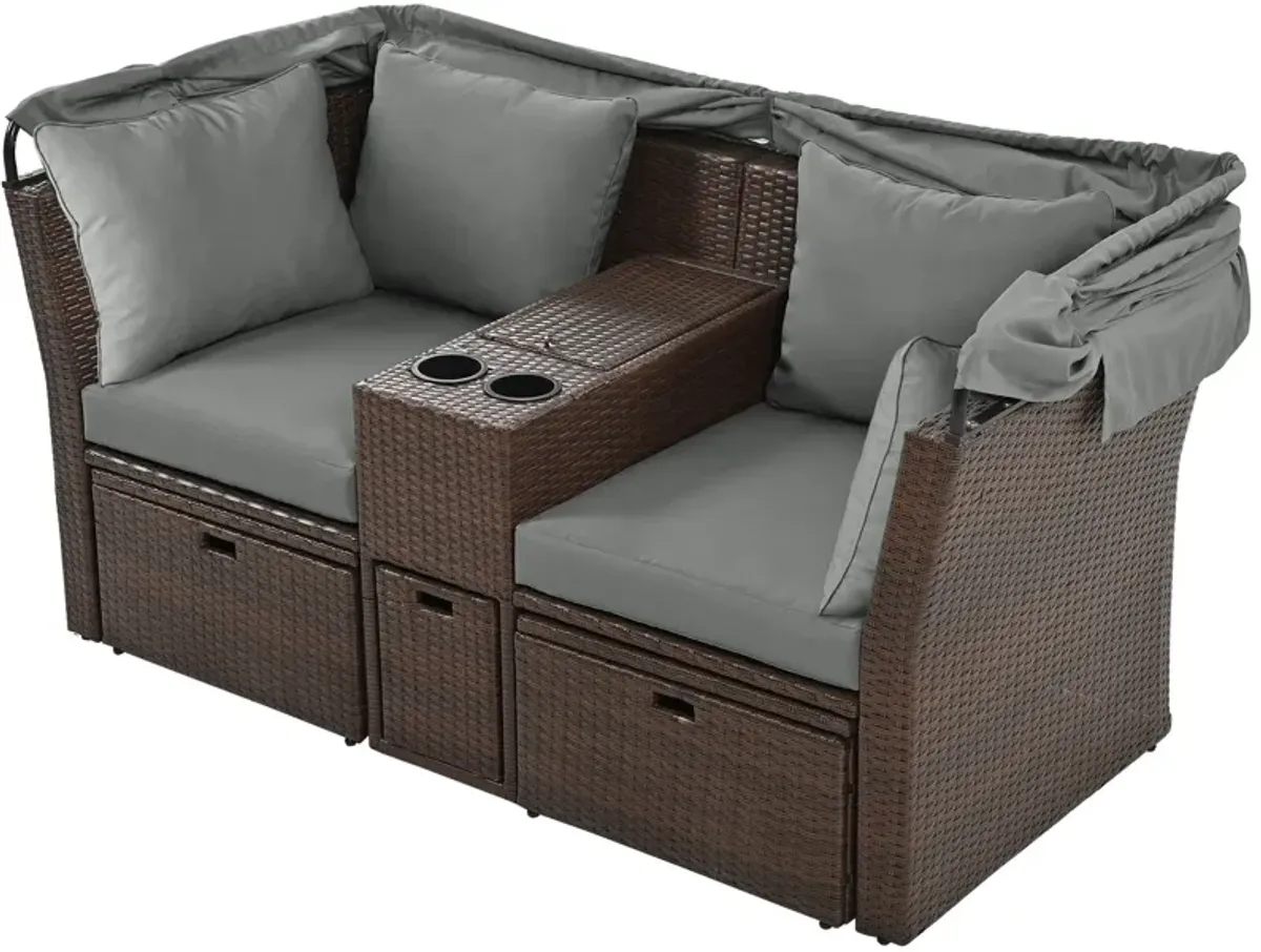 2 Seater Outdoor Patio Daybed Outdoor Double Daybed Outdoor Loveseat Sofa Set With Foldable Awning And Cushions For Garden, Balcony, Poolside