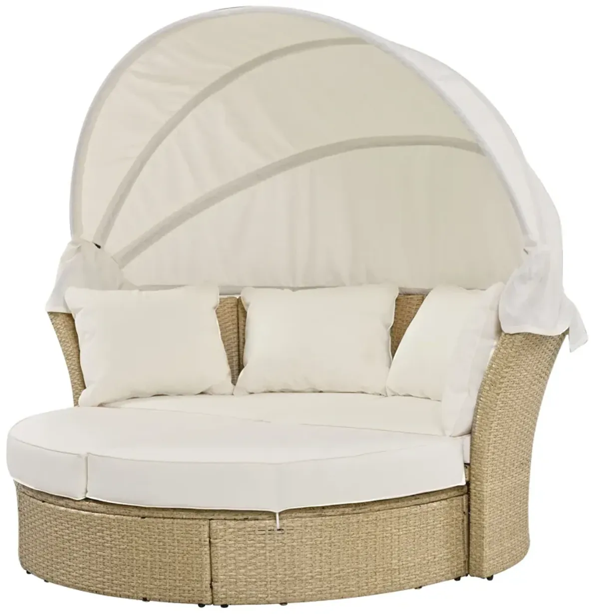 Outdoor Patio Daybed Wicker Rattan Double Daybed Round Sofa Furniture Set With Retractable Canopy, 4 Pillows For Lawn Garden