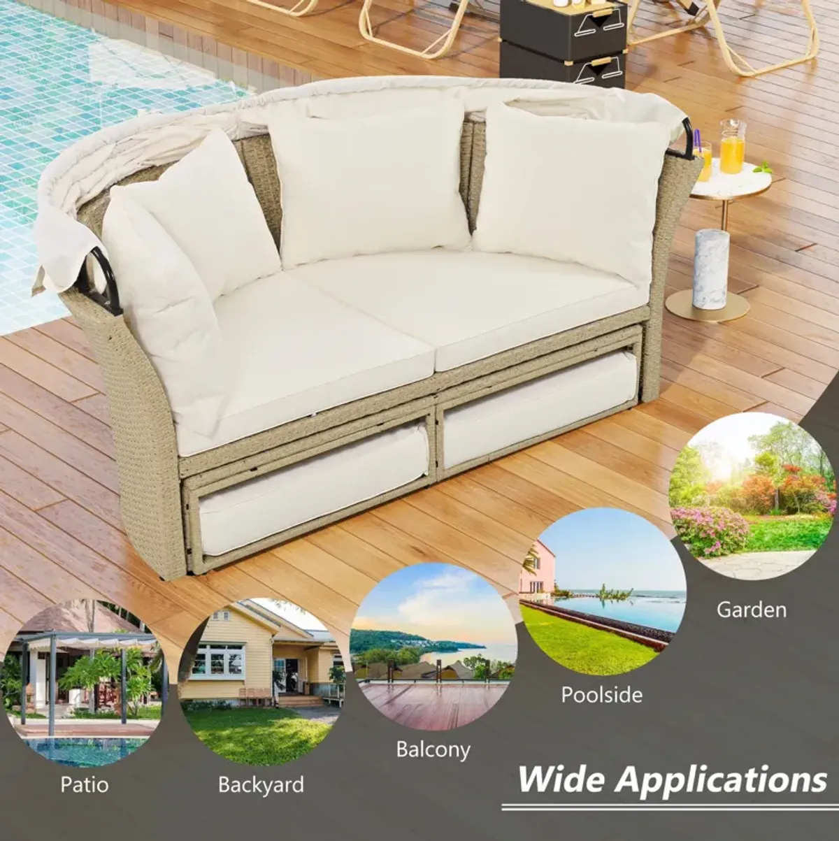 Outdoor Patio Daybed Wicker Rattan Double Daybed Round Sofa Furniture Set With Retractable Canopy, 4 Pillows For Lawn Garden