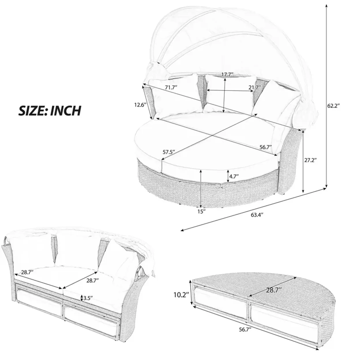 Outdoor Patio Daybed Wicker Rattan Double Daybed Round Sofa Furniture Set With Retractable Canopy, 4 Pillows For Lawn Garden