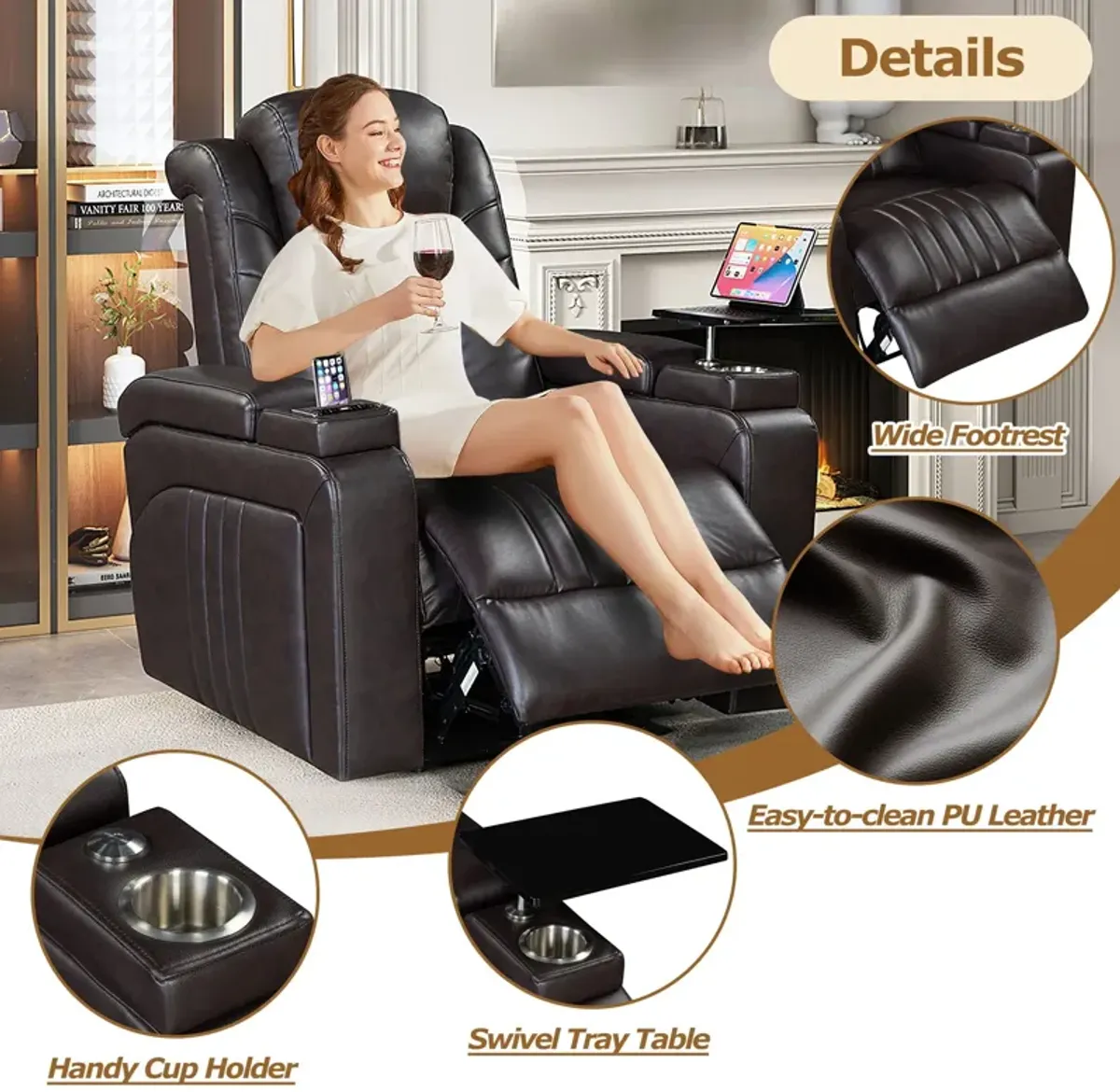 Power Recliner Home Theater Recliner With Power Adjustable Headrest, Wireless Charging Device, USB Port, Storage Arms, Cup Holder And Swivel Tray Table For Living Room