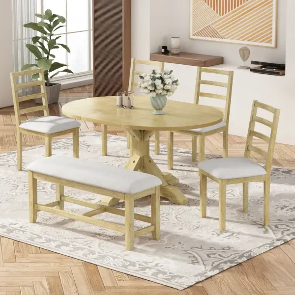 Topmax - 6 Piece Farmhouse Extendable Pedestal Dining Table Set With 18Inch Removable Leaf, Bench And 4 Ladder Back Dining Chairs