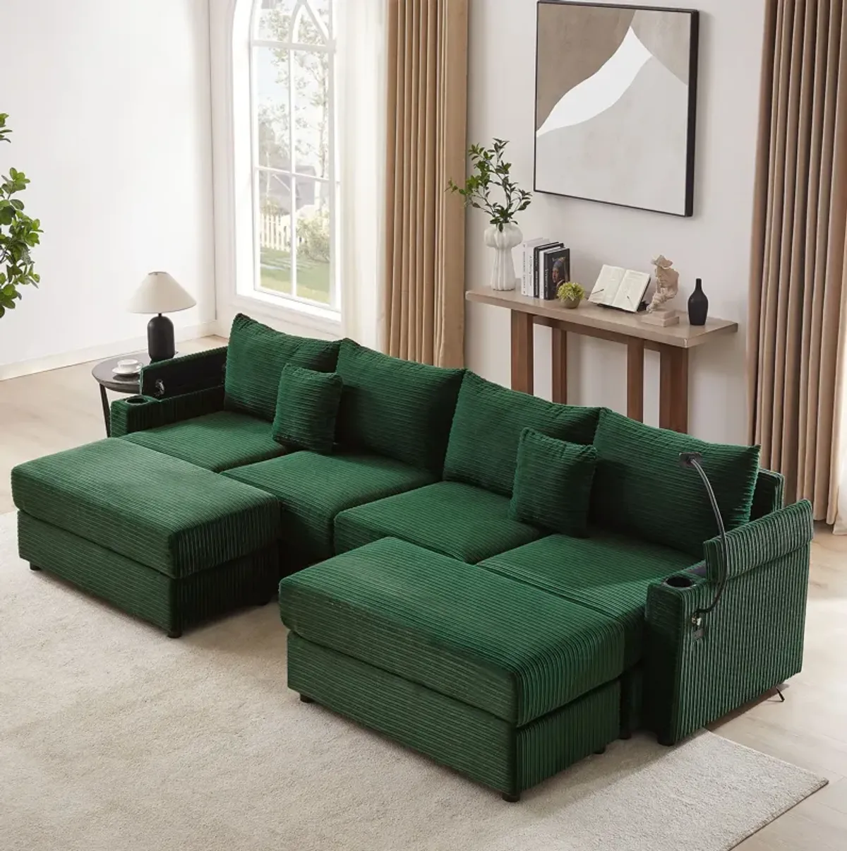 Modern Style Loveseat Sofa Sectional Sofa Couch With Storage Space, A Movable Ottoman, Two USB Ports, Two Cup Holders, A Phone Holder For Living Room