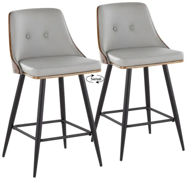Gianna - Mid-Century Modern Fixed Height Counter Stool With Swivel With Square Footrest (Set of 2) - Matte Black / Walnut / Light Gray