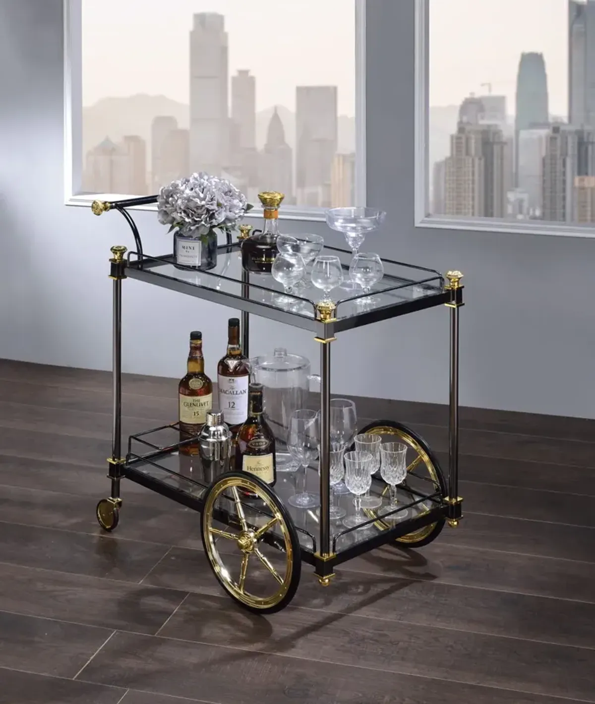 Cyrus - Clear Glass Serving Cart - Black / Gold