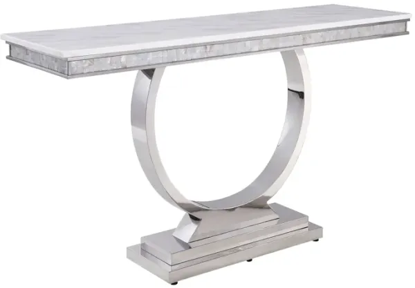 Zander - Printed Faux Marble Top Mirrored Sofa Table - Silver / White