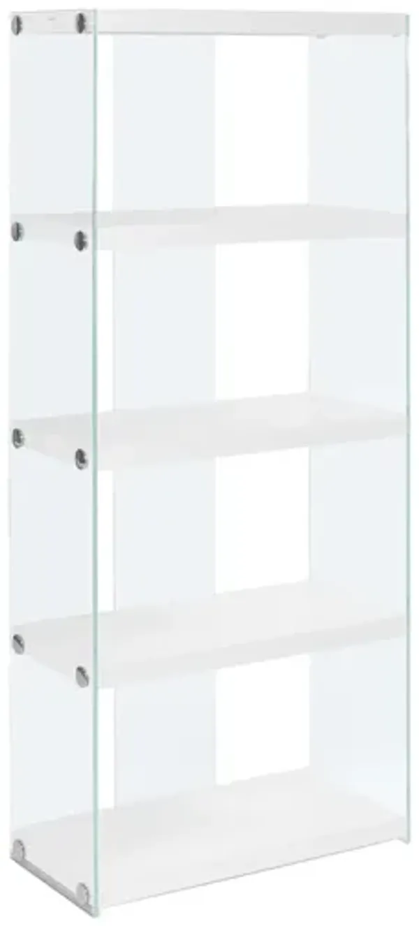 Bookshelf, Bookcase, Etagere, 5 Tier, Glossy Clear Tempered Glass - White