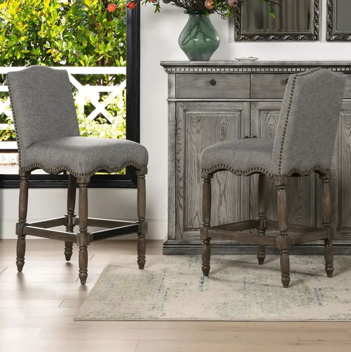 Odette - Farmhouse Upholstered Counter Height Bar Stool - Heathered Gray