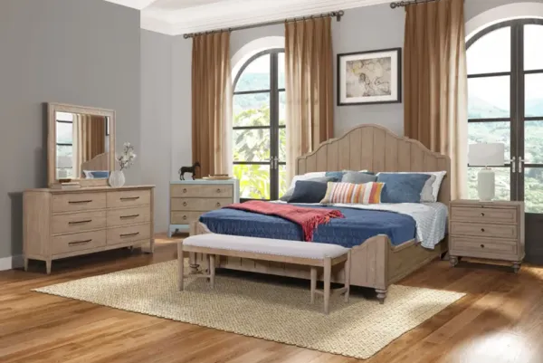 King Panel Bedroom Set With 3 Drawer Nightstand, Casual Dresser, Cane Mirror, 3 Drawer Cane Front Chest And Bench - Sand