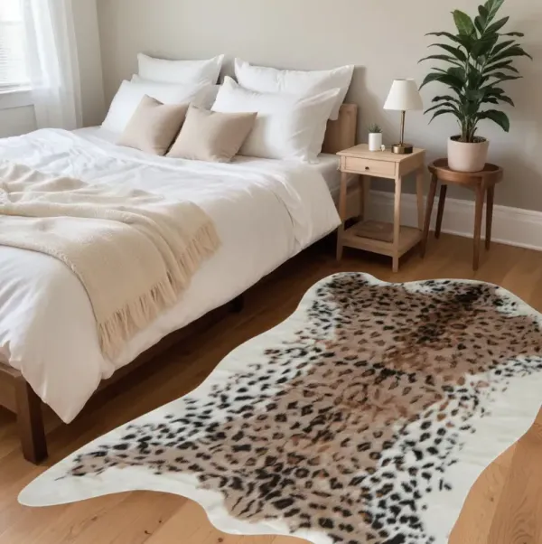 4' x 5' Faux Fur Leopard Print Area Rug - Ivory Black And Brown