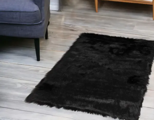 3' x 5' Rectangular Faux Fur - Area Rug - Black