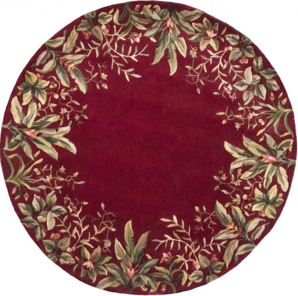 6' Round Wool Floral Handmade Area Rug - Ruby Red