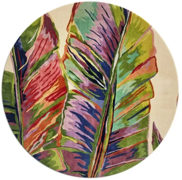 5' Round Wool Tropical Botanical Hand Tufted Area Rug - Ivory