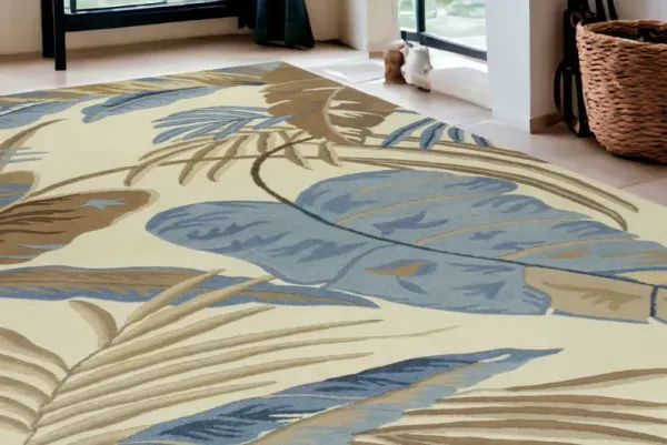 5' x 8' Wool Tropical Botanical Hand Tufted Area Rug - Ivory And Blue