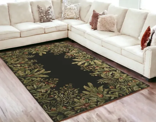 5' x 8' Wool Tropical Floral Hand Tufted Area Rug - Green And Black