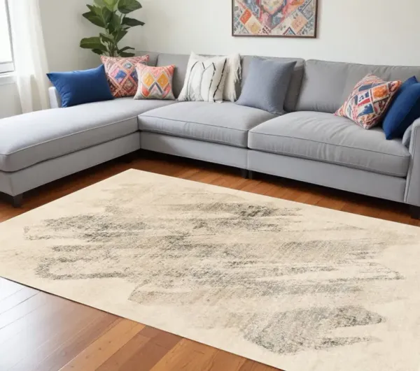 8' x 10' Machine Woven Abstract Brushstrokes Indoor Area Rug - Ivory Gray