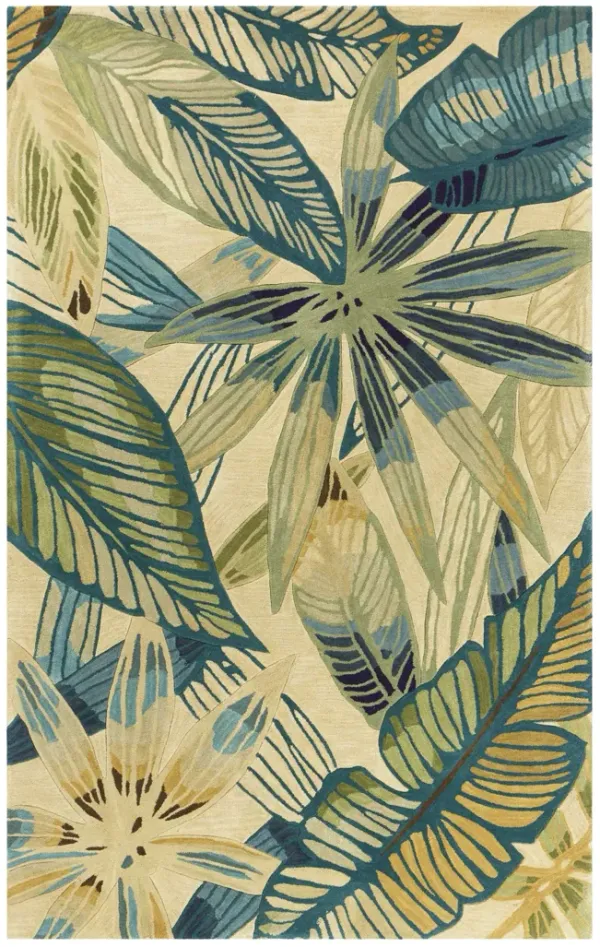 8' x 10' Hand Tufted Tropical Leaves Indoor Area Rug - Ivory Teal