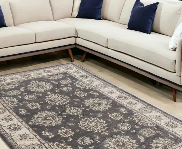 9' x 12' Bordered Floral Indoor Area Rug - Gray Ivory