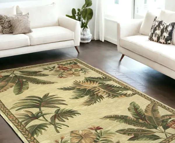 8' x 11' Wool With Laurel Border Palm Tree Area Rug - Ivory