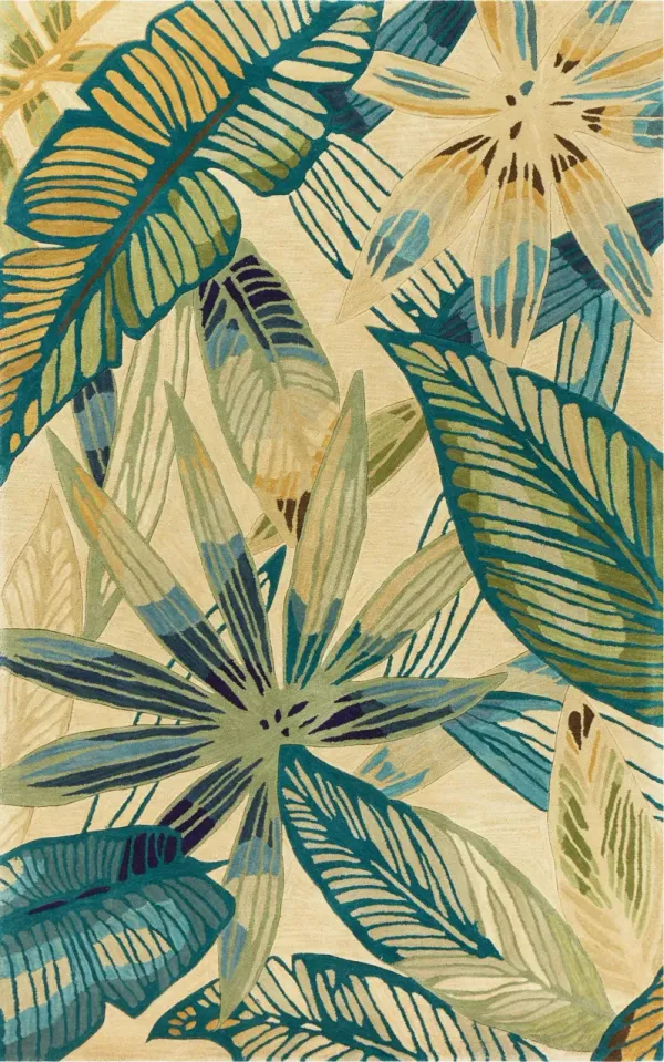 9' x 12' Wool Tropical Botanical Handmade Area Rug - Ivory And Blue