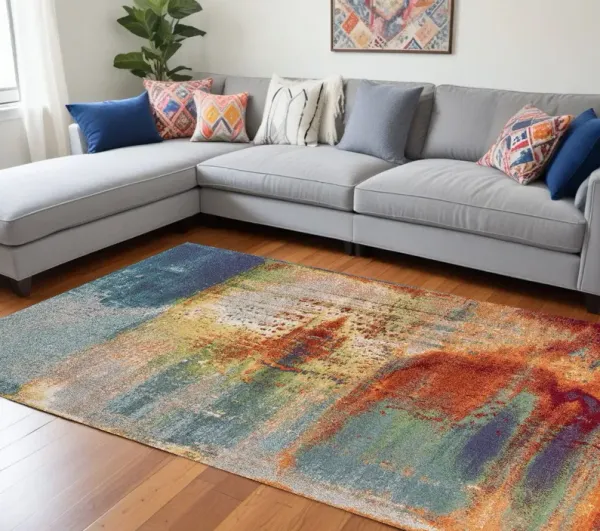 10' x 13' Machine Woven Abstract Brushstrokes Indoor Area Rug - Blue Rust Orange