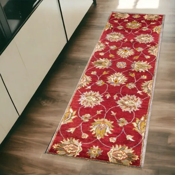 2' x 7' Floral Vines Bordered Wool Runner Rug - Red