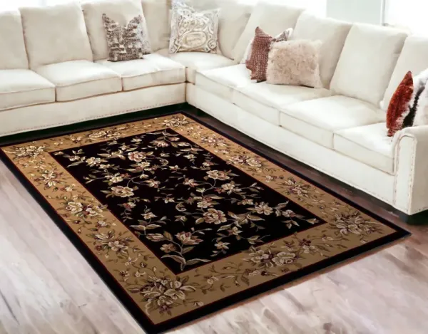 5' x 8' Machine Woven Floral Vines Indoor Area Rug - Black Beige