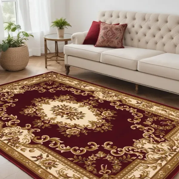 5' x 8' Floral Bordered Area Rug - Red And Ivory