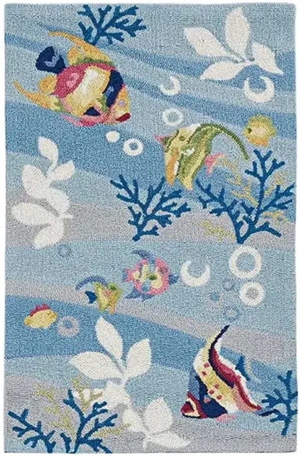 5' x 8' Hand Hooked Marine Life Indoor Area Rug - Blue