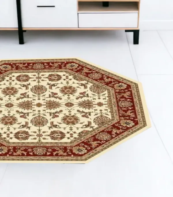 8' Octagon Floral Vines Area Rug - Ivory And Red