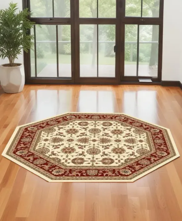 7' Octagon Floral Vines Bordered Indoor Area Rug - Ivory Or Red