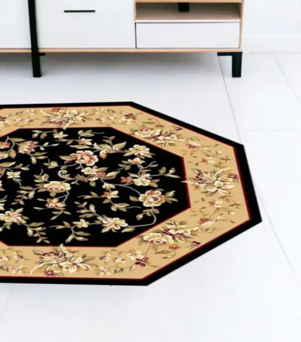 Octagon Floral Vines Area Rug - Black And Beige
