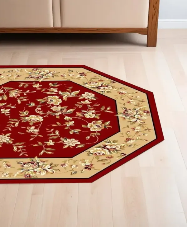 7' Octagon Floral Bordered Indoor Area Rug - Red Or Beige