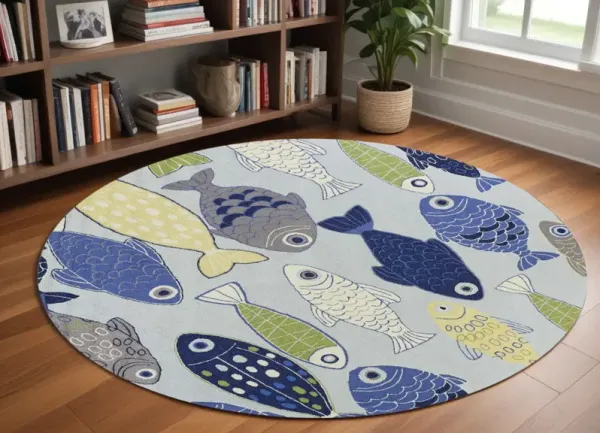 7' Round School Of Fish Indoor Area Rug - Light Blue