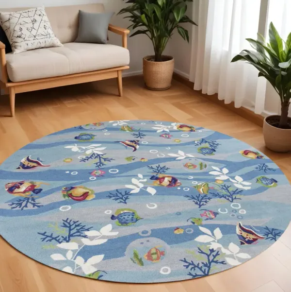8' Hand Hooked Marine Life Round Indoor Area Rug - Blue