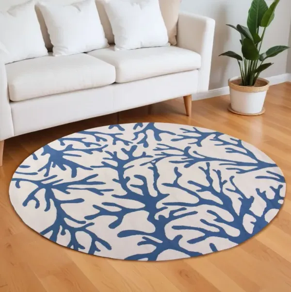 7' Round Corals Indoor Area Rug - Ivory Or Blue