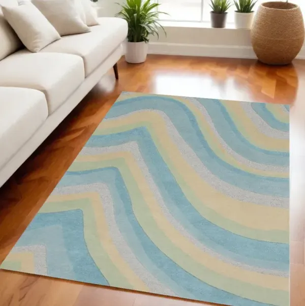 5' x 8' Hand Tufted Abstract Waves Indoor Area Rug - Ocean Blue Beige