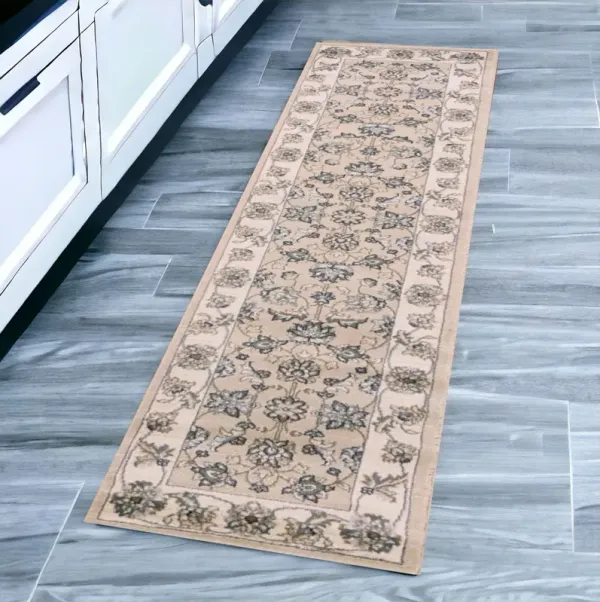 8' Ivory Bordered Floral Indoor Runner Rug - Beige