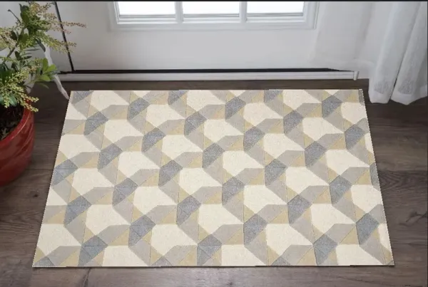 2' x 4' Polygon Pattern Wool Area Rug - Ivory Or Gray