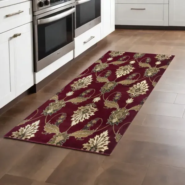 8' Floral Runner Rug - Red And Ivory