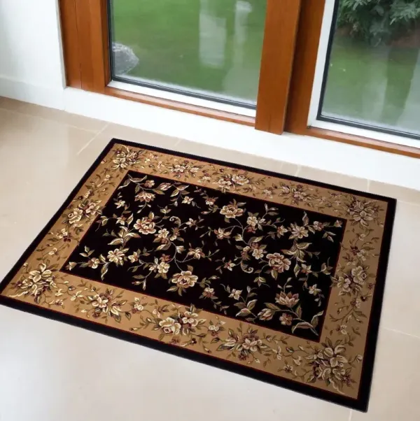 3' x 5' Machine Woven Floral Vines Indoor Area Rug - Black Beige