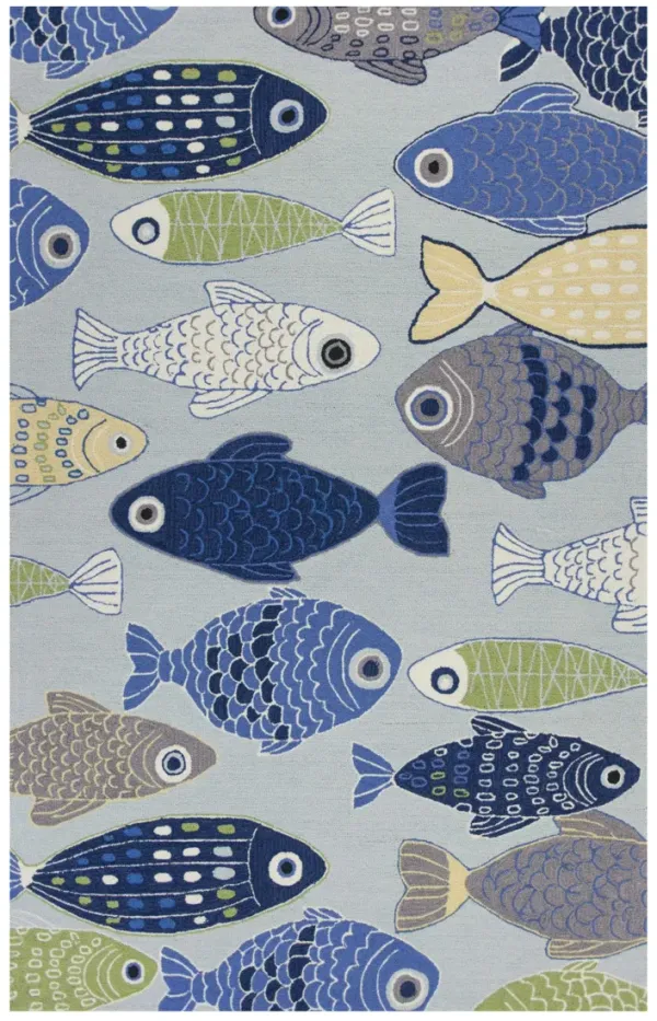 3' x 5' Blue Fishes Hand Tufted Area Rug - Light Blue And Dark