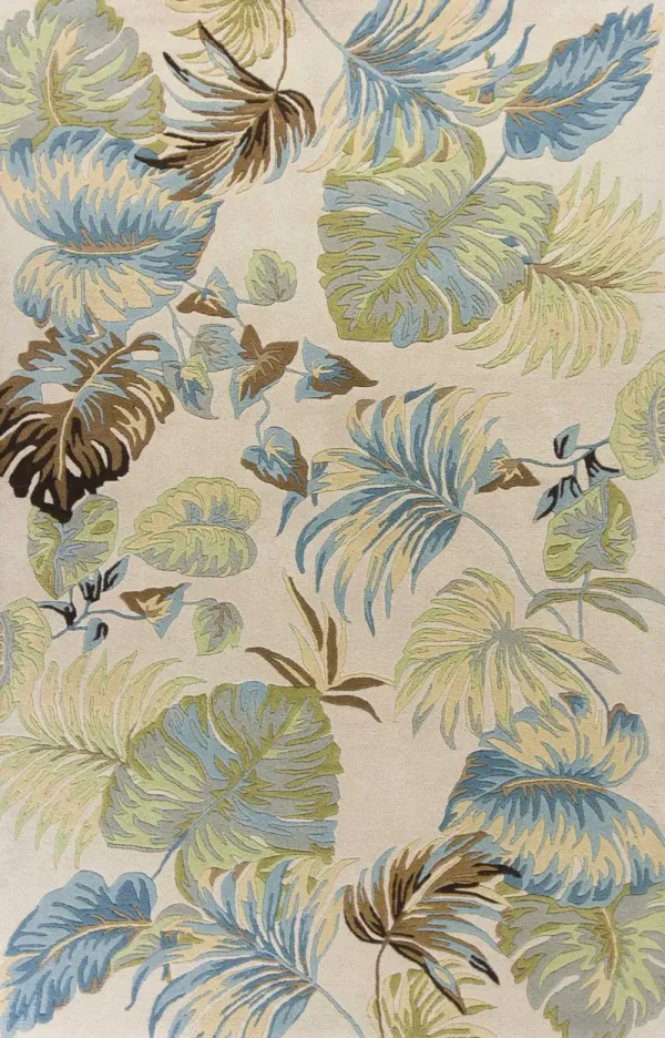 3' x 4' Hand Tufted Tropical Leaves Indoor Area Rug - Ivory Blue