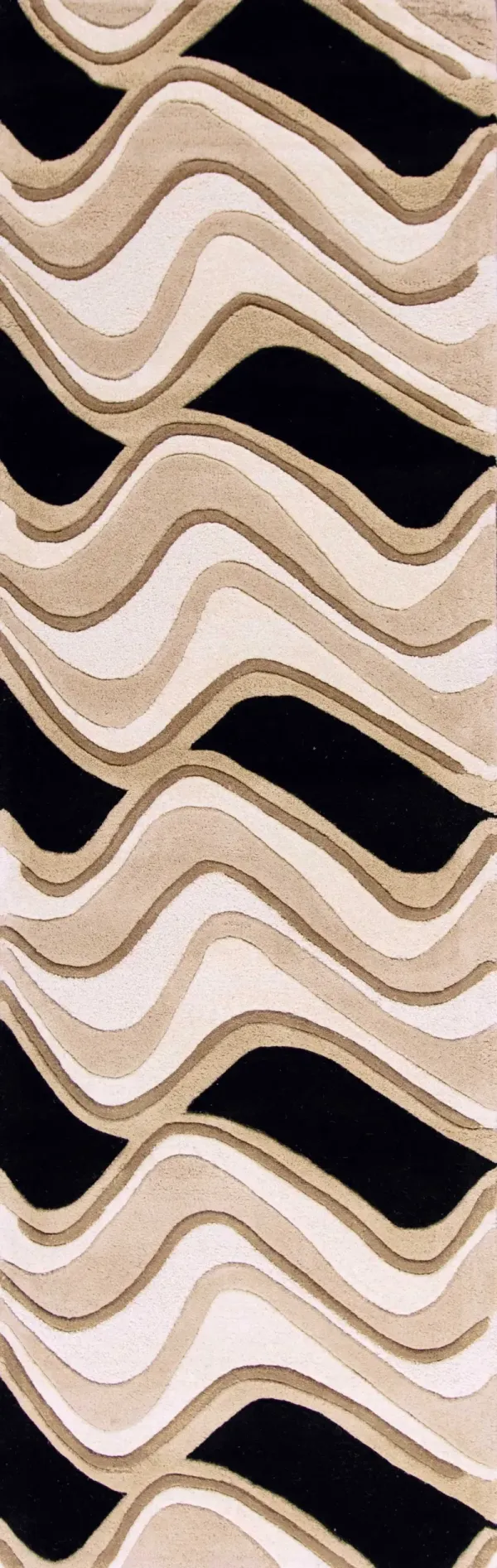 2' x 7' Abstract Waves Wool Runner Rug - Black Or Beige
