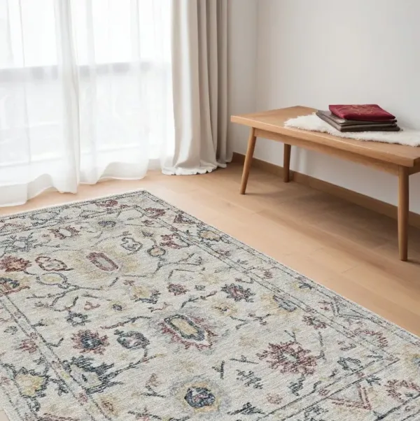 5' x 7' Floral Bordered Wool Indoor Area Rug - Ivory